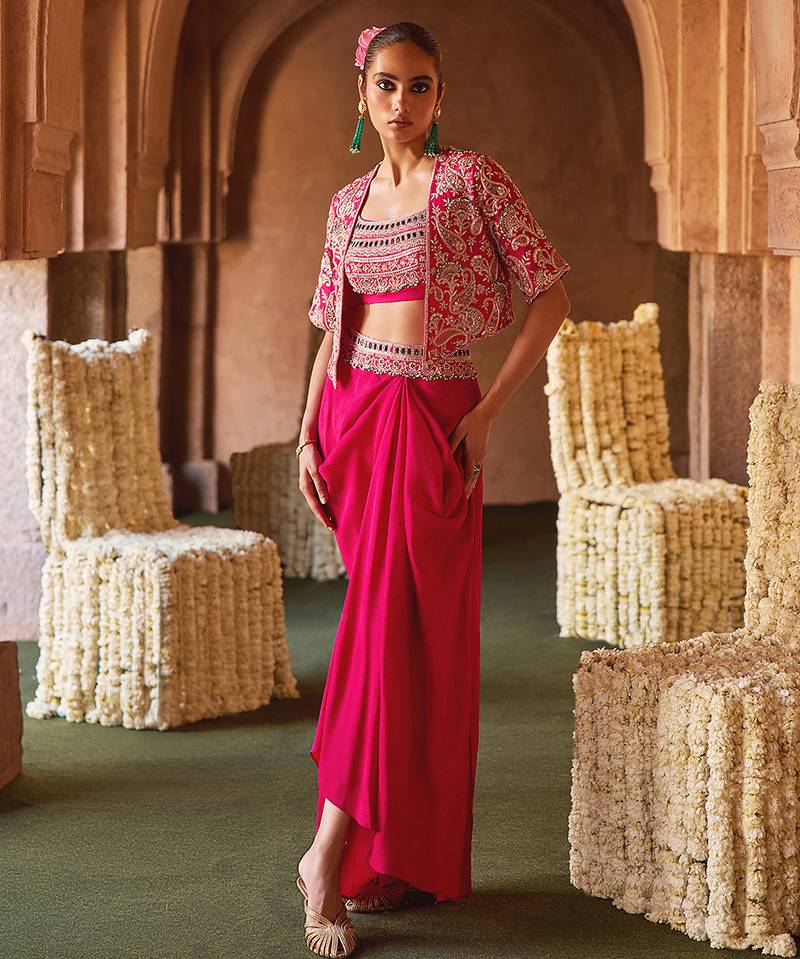 Fuchsia pink embroidered cupro silk jacket skirt set