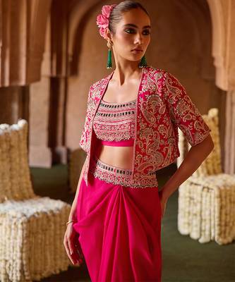 Fuchsia pink embroidered cupro silk jacket skirt set 2