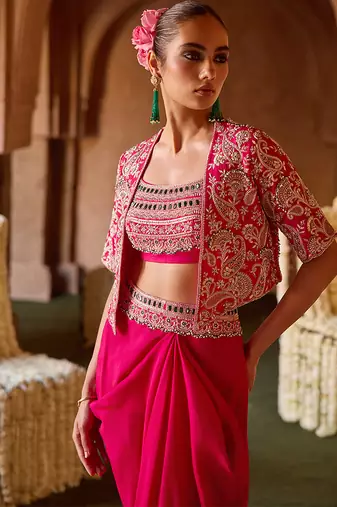 Fuchsia pink embroidered cupro silk jacket skirt set
