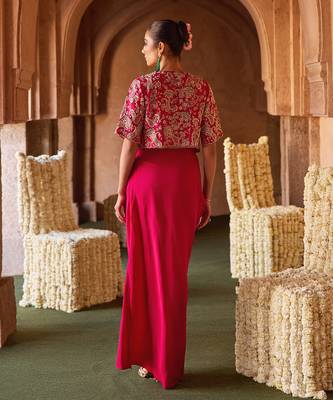 Fuchsia pink embroidered cupro silk jacket skirt set 3