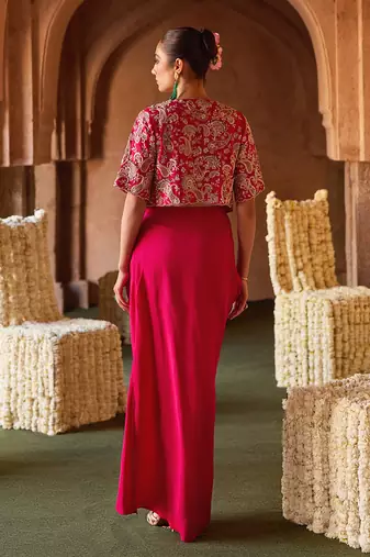 Fuchsia pink embroidered cupro silk jacket skirt set