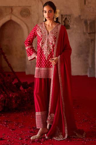 Crimson red embroidered cupro silk farsi kurta set