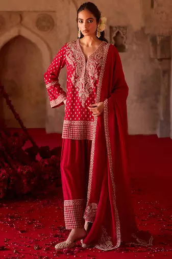 Crimson red embroidered cupro silk farsi kurta set