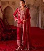 Crimson red embroidered cupro silk farsi kurta set