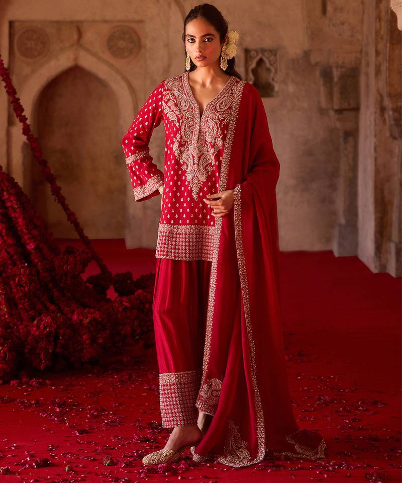 Crimson red embroidered cupro silk farsi kurta set