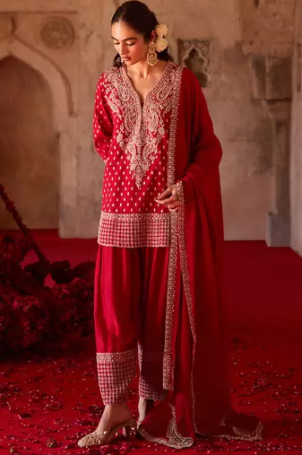 Crimson red embroidered cupro silk farsi kurta set
