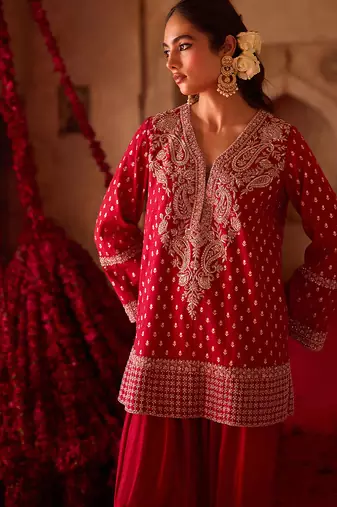 Crimson red embroidered cupro silk farsi kurta set