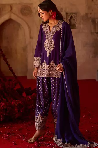 Royal purple embroidered cupro silk farsi kurta set