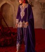 Royal purple embroidered cupro silk farsi kurta set