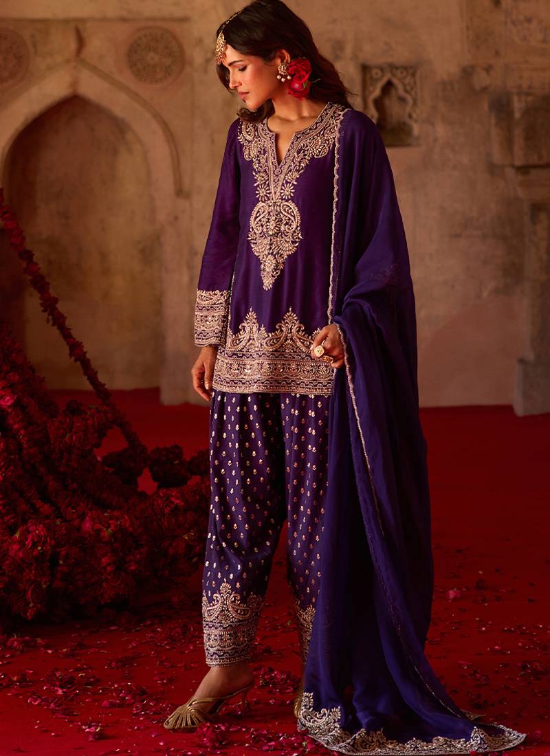 Royal purple embroidered cupro silk farsi kurta set