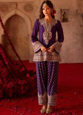 Royal purple embroidered cupro silk farsi kurta set 2