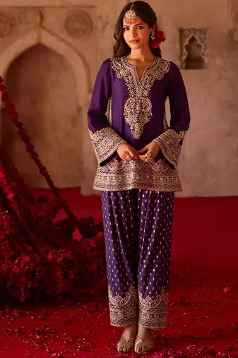 Royal purple embroidered cupro silk farsi kurta set