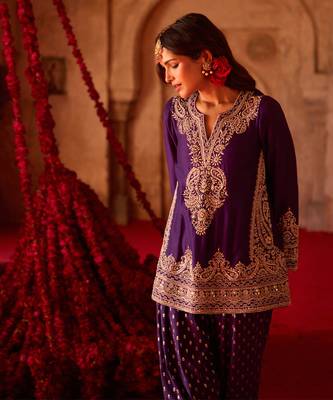 Royal purple embroidered cupro silk farsi kurta set 3