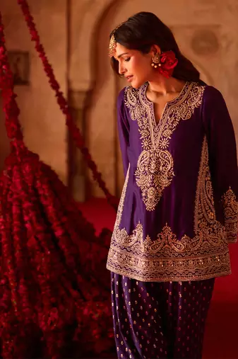 Royal purple embroidered cupro silk farsi kurta set