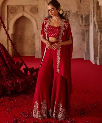 Crimson red embroidered cupro silk cape palazzo set 1