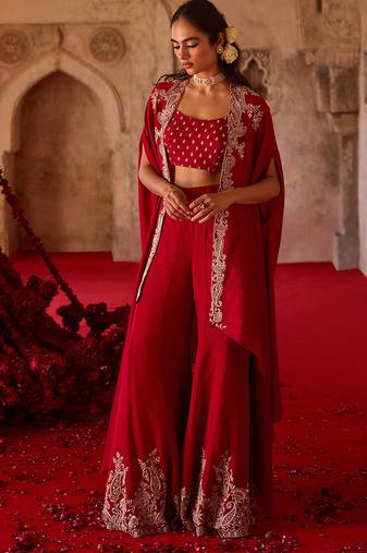 Crimson red embroidered cupro silk cape palazzo set
