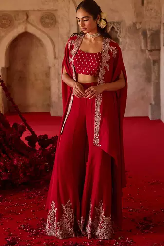 Crimson red embroidered cupro silk cape palazzo set