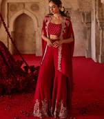 Crimson red embroidered cupro silk cape palazzo set