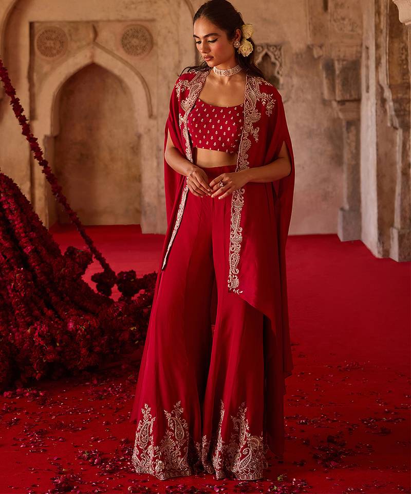 Crimson red embroidered cupro silk cape palazzo set
