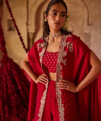 Crimson red embroidered cupro silk cape palazzo set 2