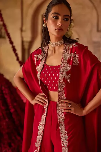 Crimson red embroidered cupro silk cape palazzo set