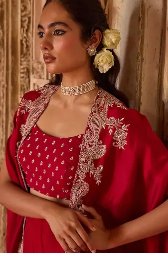 Crimson red embroidered cupro silk cape palazzo set