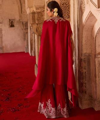 Crimson red embroidered cupro silk cape palazzo set 4