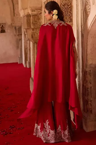 Crimson red embroidered cupro silk cape palazzo set
