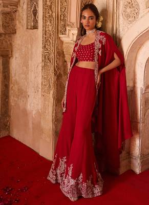 Crimson red embroidered cupro silk cape palazzo set 5