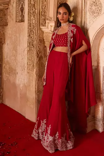 Crimson red embroidered cupro silk cape palazzo set