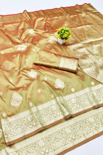 Mehendi zari woven silk traditional saree with blouse piece
