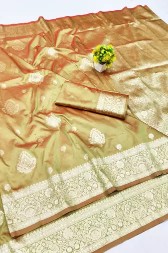 Mehendi zari woven silk traditional saree with blouse piece
