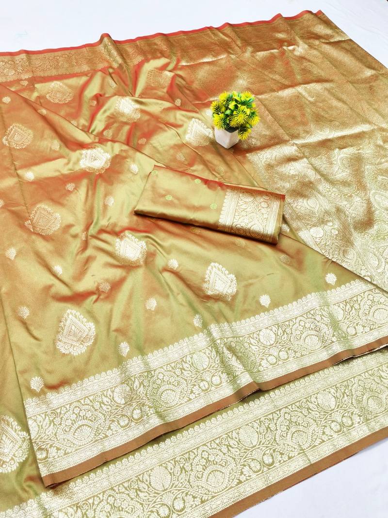 Mehendi zari woven banarasi silk traditional saree with blouse piece
