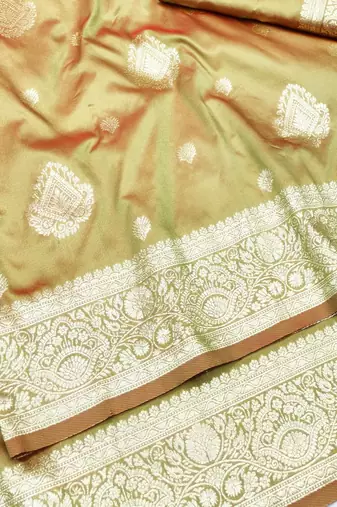 Mehendi zari woven silk traditional saree with blouse piece