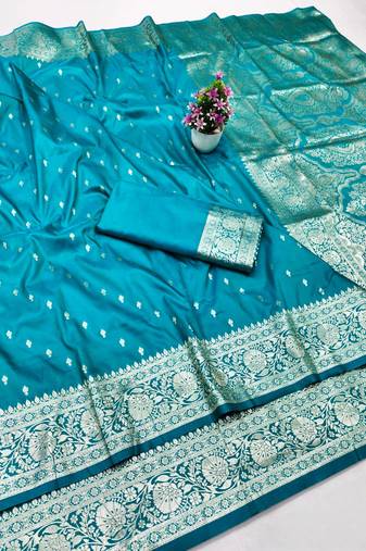 Blue zari woven silk traditional saree with blouse piece