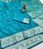 Blue zari woven banarasi silk traditional saree with blouse piece