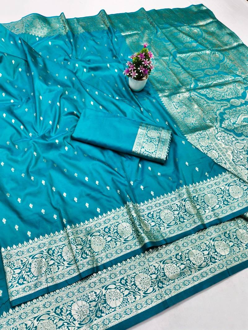 Blue zari woven banarasi silk traditional saree with blouse piece