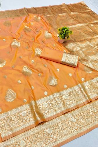 Light orange zari woven banarasi silk traditional saree with blouse piece