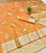 Light orange zari woven banarasi silk traditional saree with blouse piece