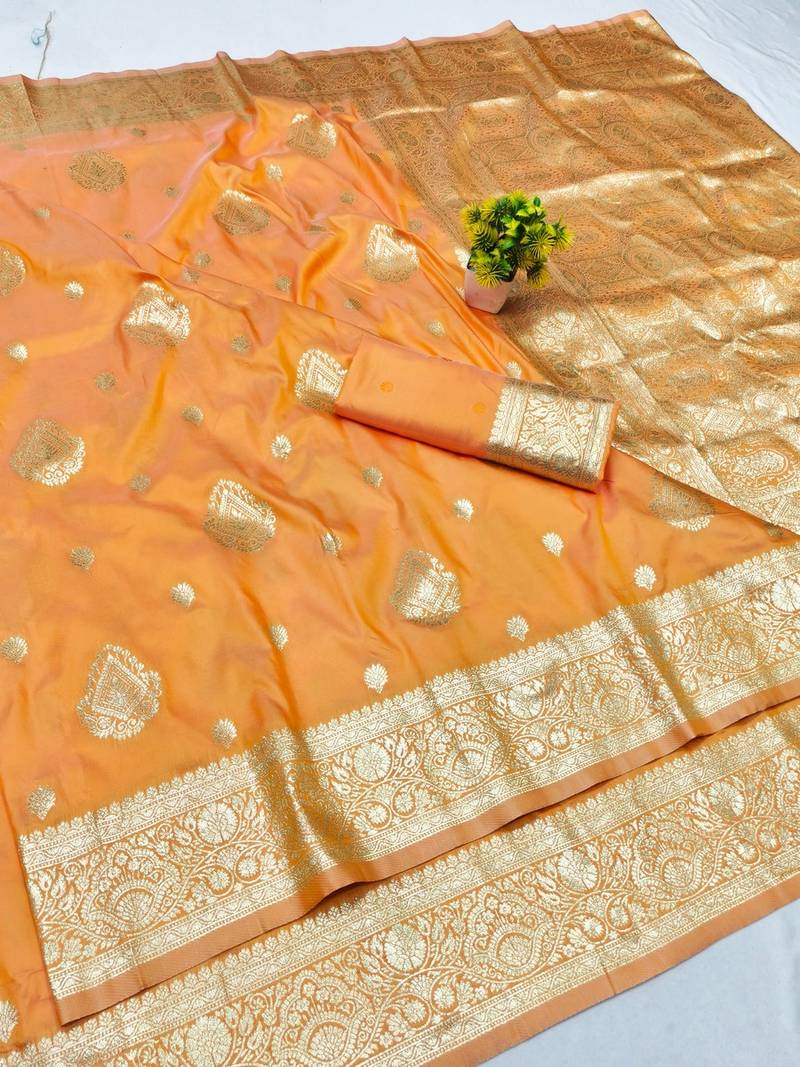 Light orange zari woven banarasi silk traditional saree with blouse piece