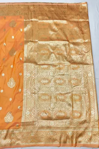 Light orange zari woven silk traditional saree with blouse piece