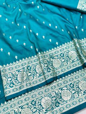 Blue zari woven silk traditional saree with blouse piece 3