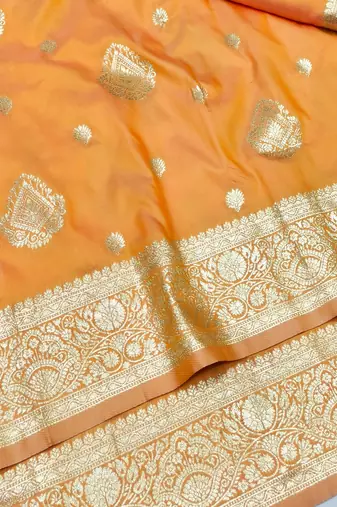 Light orange zari woven silk traditional saree with blouse piece