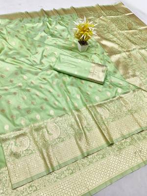Light green zari woven silk traditional saree with blouse piece 1