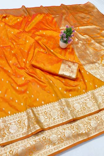 Orange zari woven silk traditional saree with blouse piece