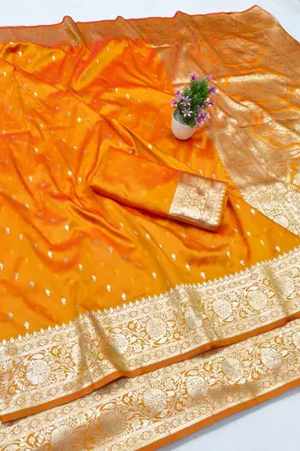 Orange zari woven silk traditional saree with blouse piece