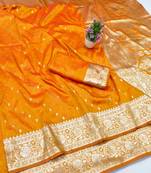 Orange zari woven banarasi silk traditional saree with blouse piece
