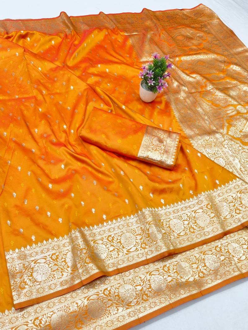 Orange zari woven banarasi silk traditional saree with blouse piece