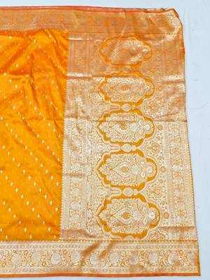 Orange zari woven silk traditional saree with blouse piece 2