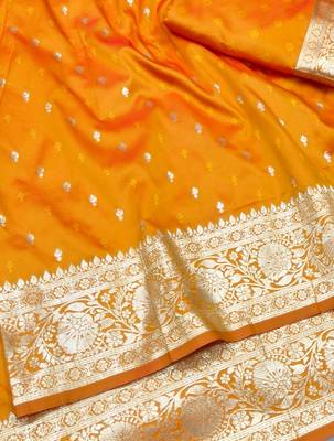 Orange zari woven silk traditional saree with blouse piece 3